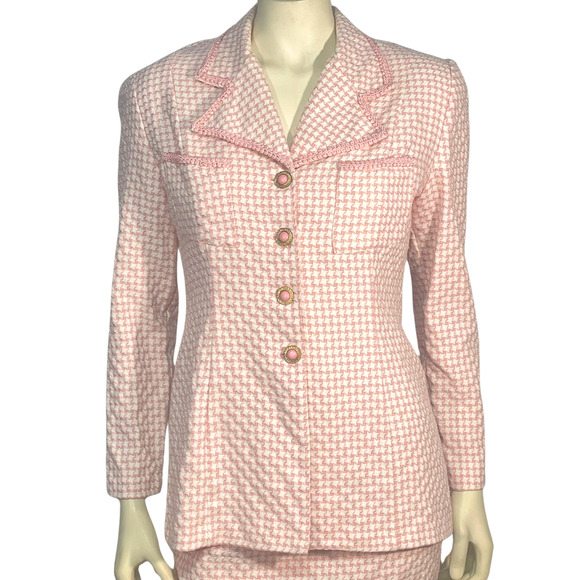 Vtg 90's Moda Int'l Sz 10 2 Pc Suit Blazer & Mini Skirt Pink Houndstooth Tweed - Picture 5 of 13